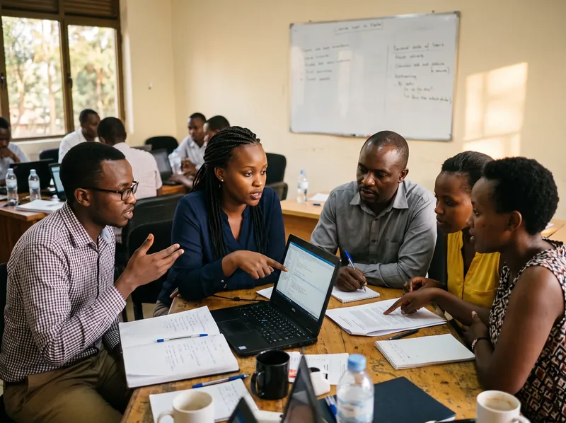 A support team seated at workbenches in a training room
