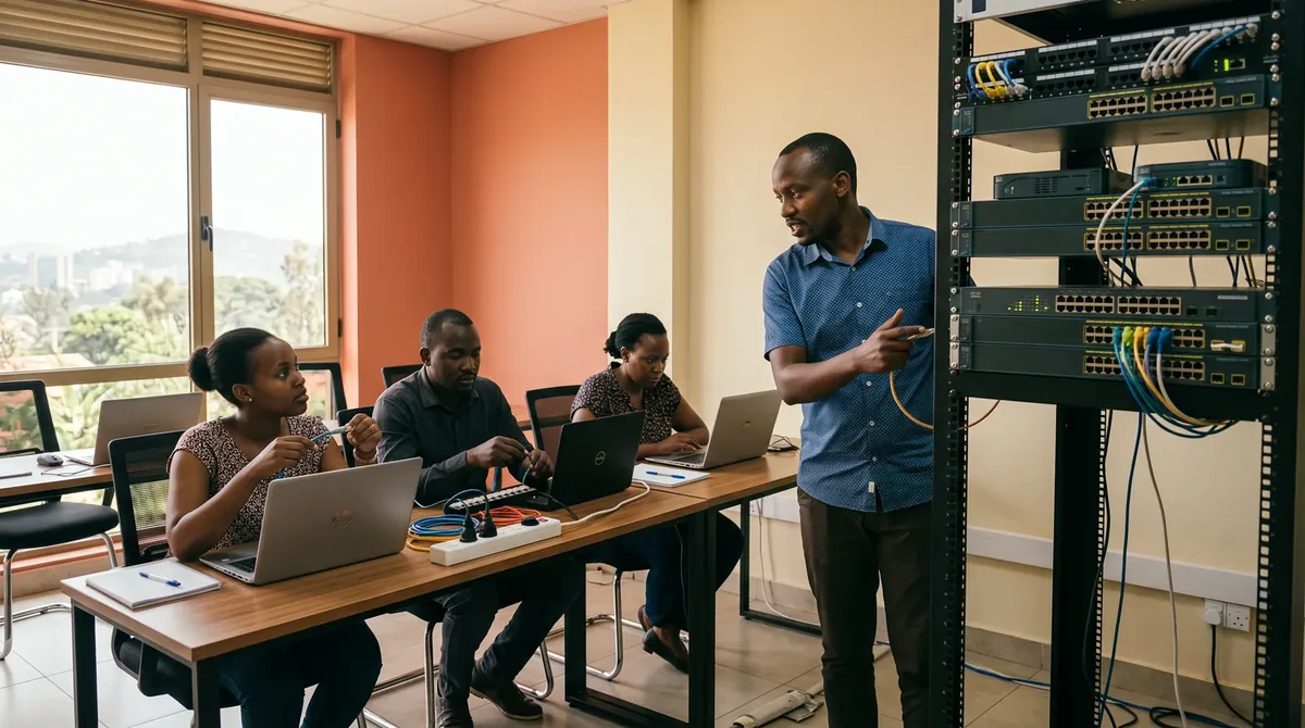 An instructor guiding a group of learners beside a rack of network switches in the Deso IT Lab training room