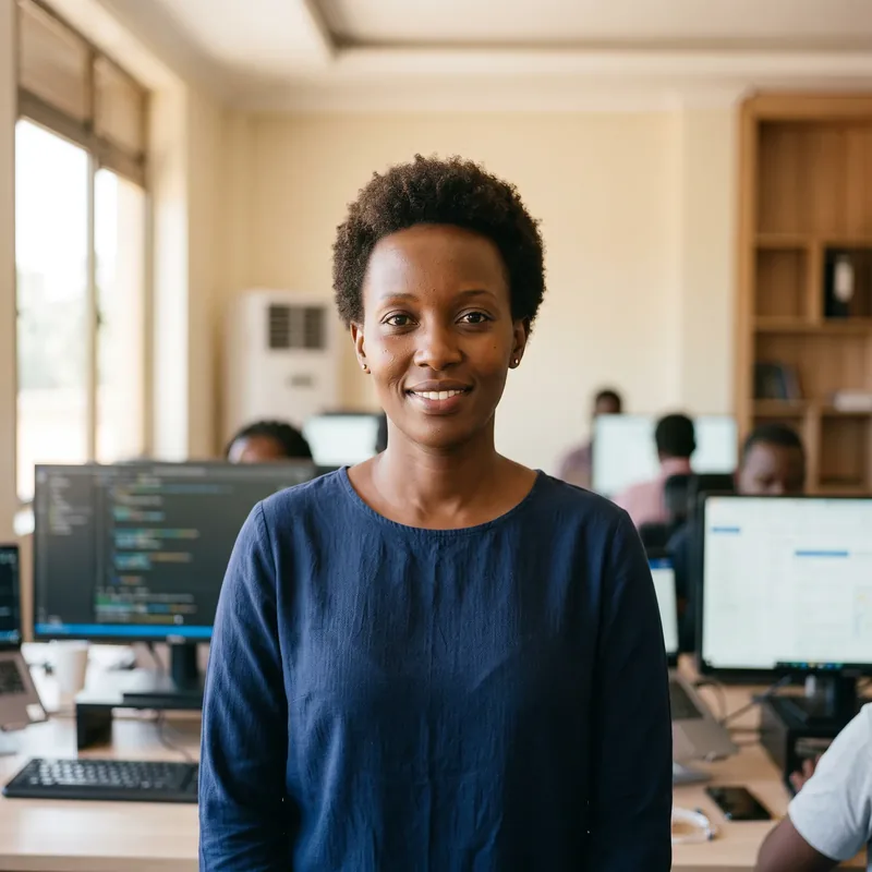 C. Mukamana in an office with monitors behind her