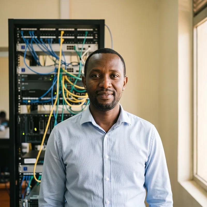 D. Tuyisenge standing beside a network equipment rack