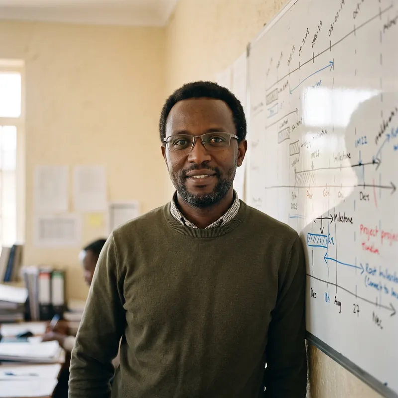 P. Habimana beside a whiteboard of project timelines
